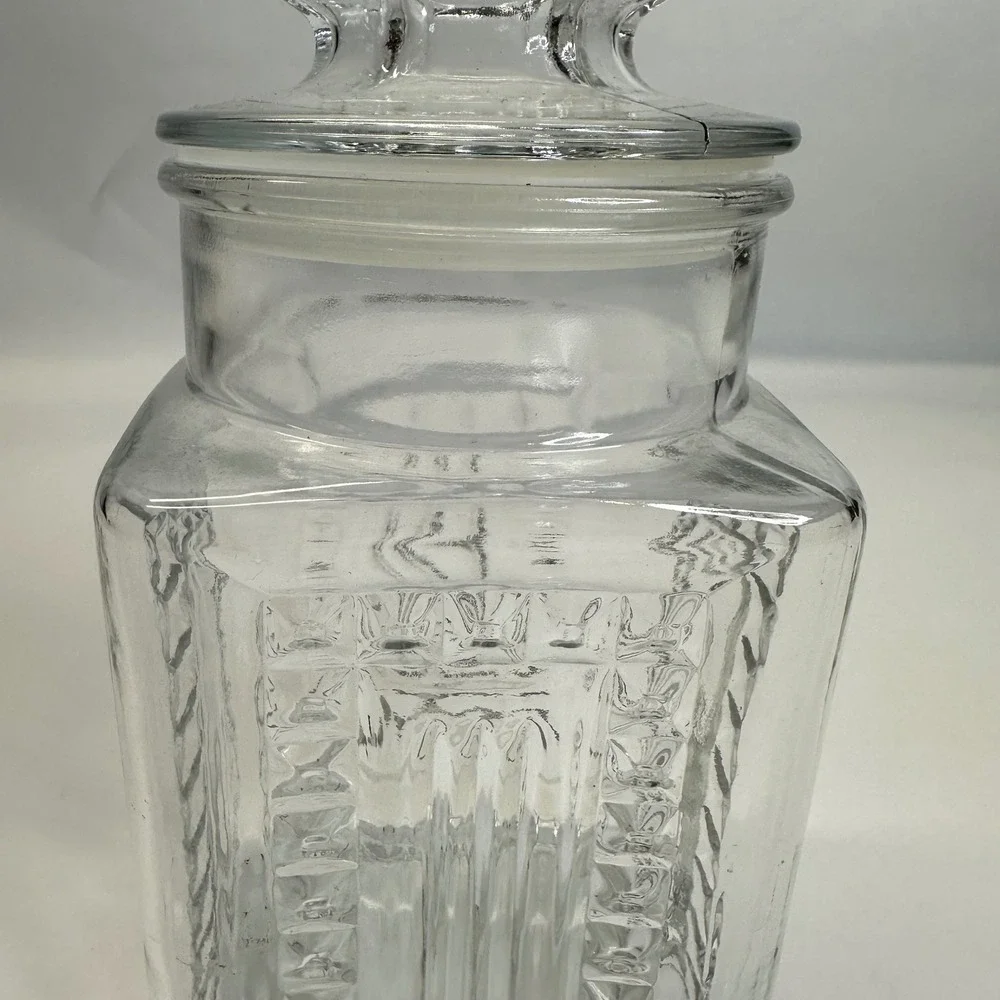 Vintage Clear Glass Square Apothecary Jar with Hexagonal Lid Embossed Detail